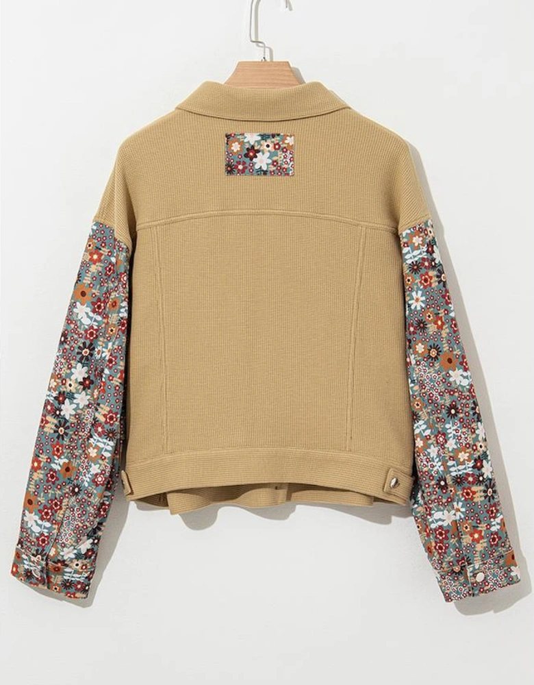 Khaki Waffle Knit Floral Print Patchwork Button up Jacket