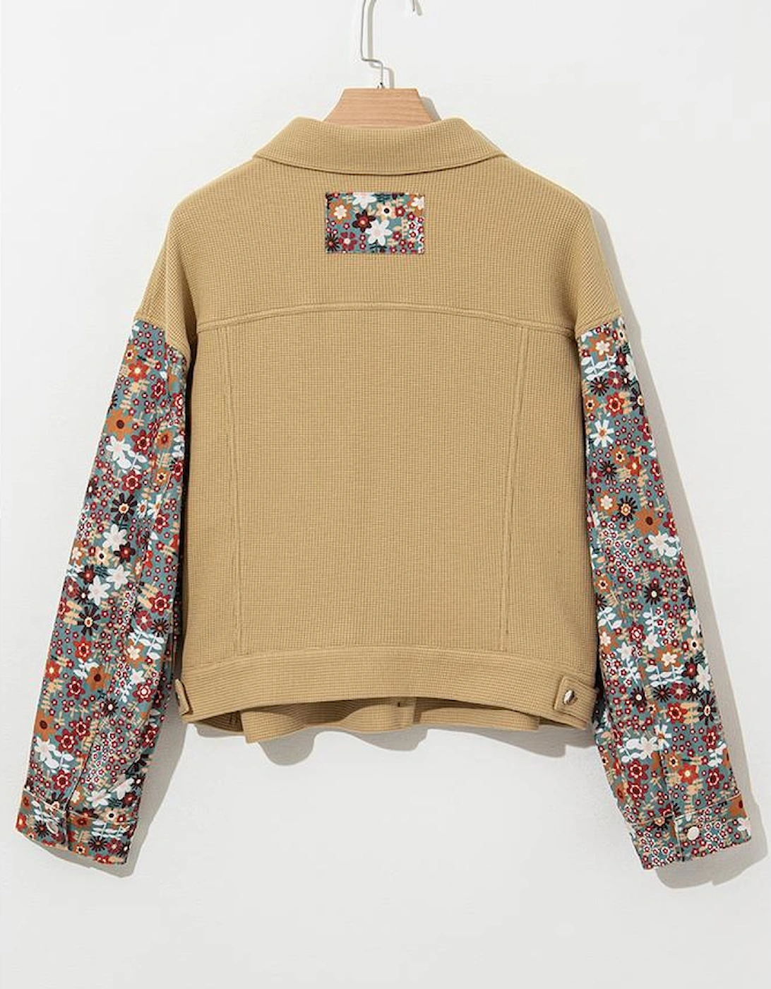 Khaki Waffle Knit Floral Print Patchwork Button up Jacket