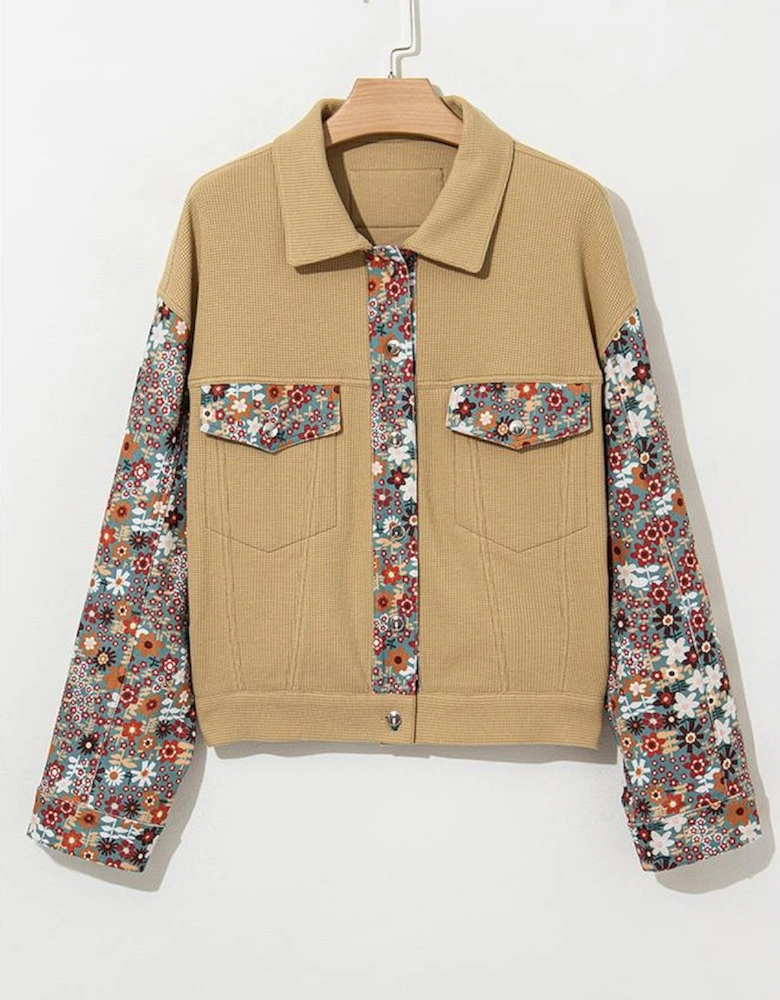 Khaki Waffle Knit Floral Print Patchwork Button up Jacket