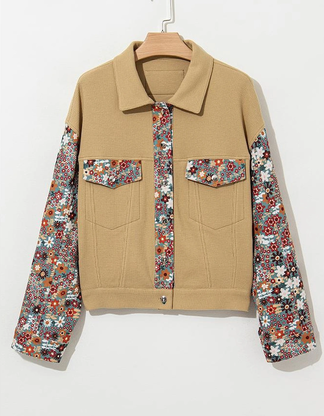 Khaki Waffle Knit Floral Print Patchwork Button up Jacket