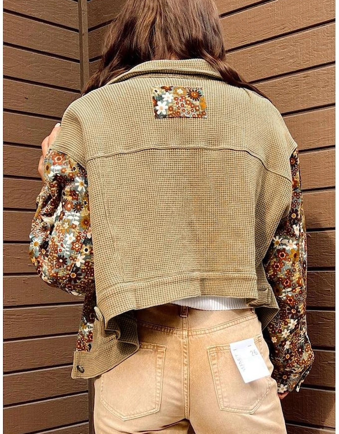 Khaki Waffle Knit Floral Print Patchwork Button up Jacket