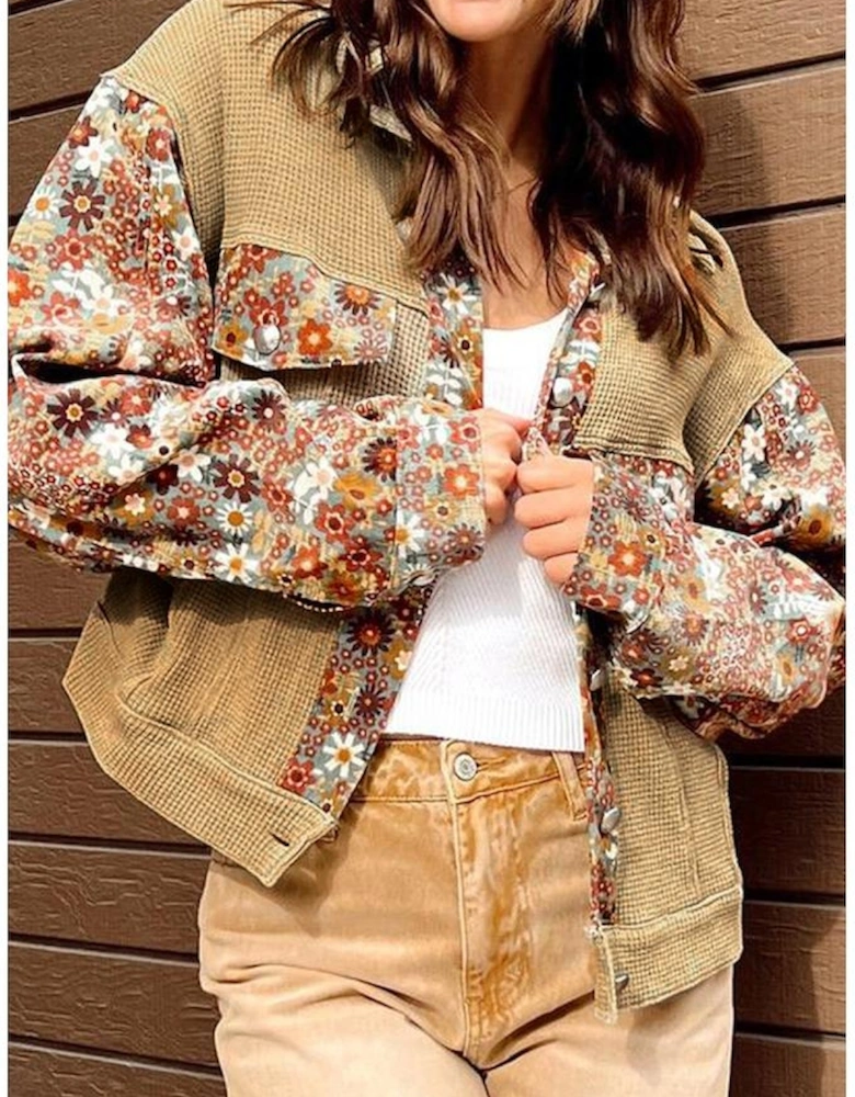 Khaki Waffle Knit Floral Print Patchwork Button up Jacket