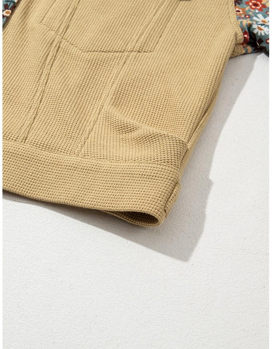 Khaki Waffle Knit Floral Print Patchwork Button up Jacket