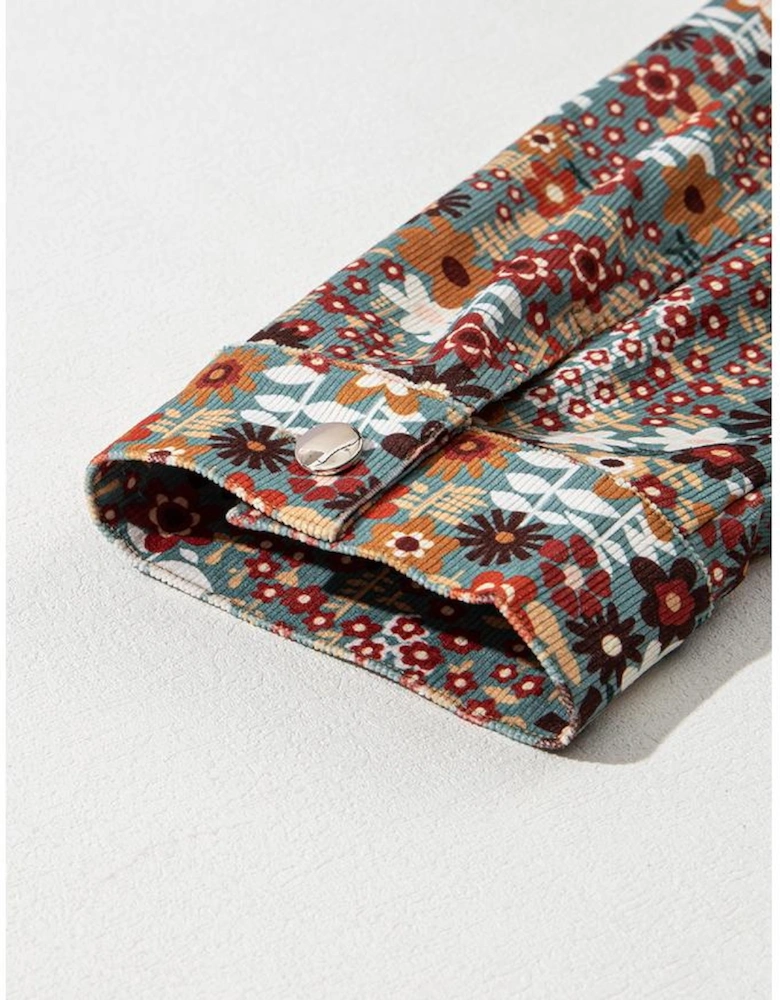 Khaki Waffle Knit Floral Print Patchwork Button up Jacket