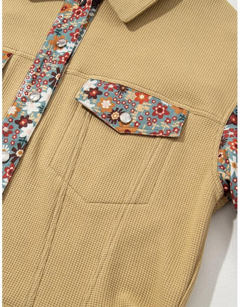 Khaki Waffle Knit Floral Print Patchwork Button up Jacket
