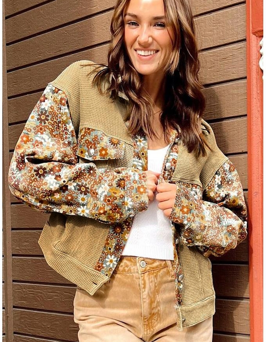 Khaki Waffle Knit Floral Print Patchwork Button up Jacket