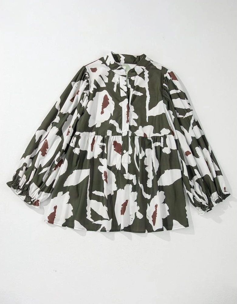 Four Leaf Clover Abstract Floral Print Puff Sleeve Half Button Blouse