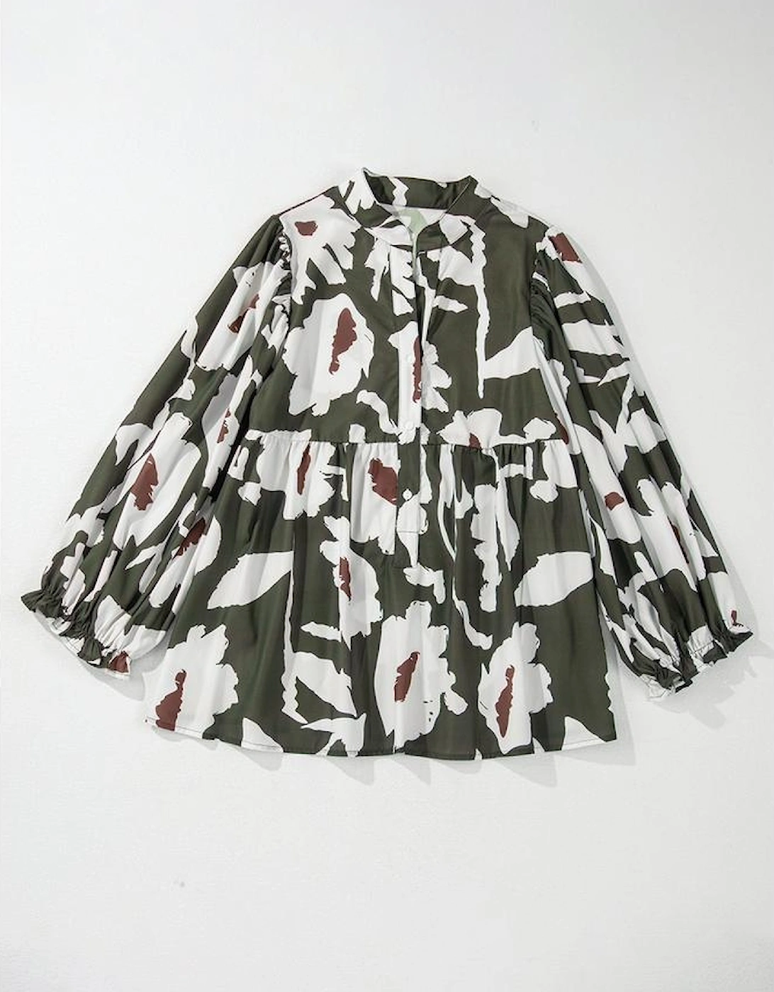 Four Leaf Clover Abstract Floral Print Puff Sleeve Half Button Blouse