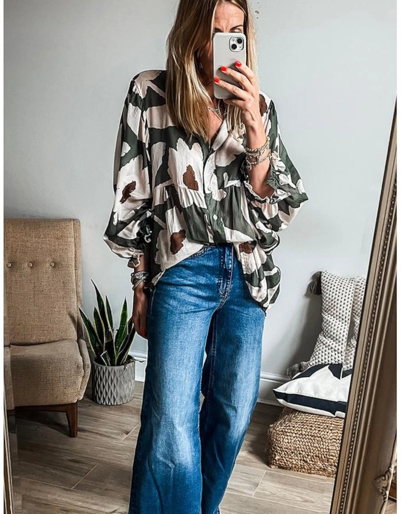 Four Leaf Clover Abstract Floral Print Puff Sleeve Half Button Blouse