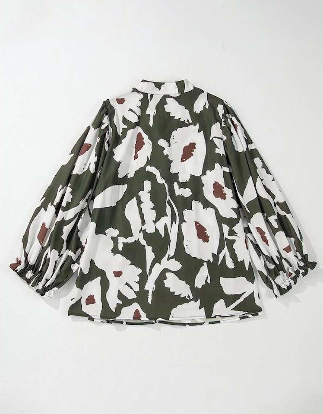 Four Leaf Clover Abstract Floral Print Puff Sleeve Half Button Blouse