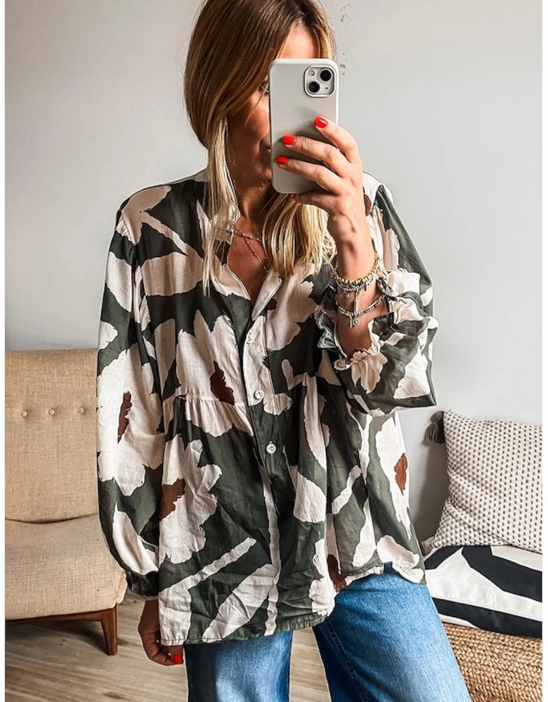 Four Leaf Clover Abstract Floral Print Puff Sleeve Half Button Blouse