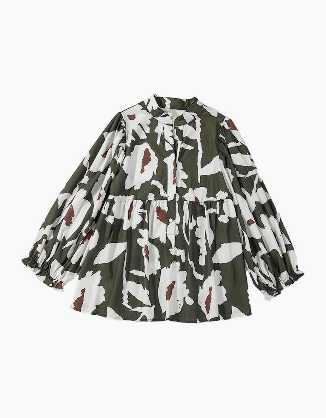 Four Leaf Clover Abstract Floral Print Puff Sleeve Half Button Blouse