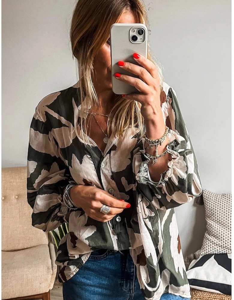 Four Leaf Clover Abstract Floral Print Puff Sleeve Half Button Blouse