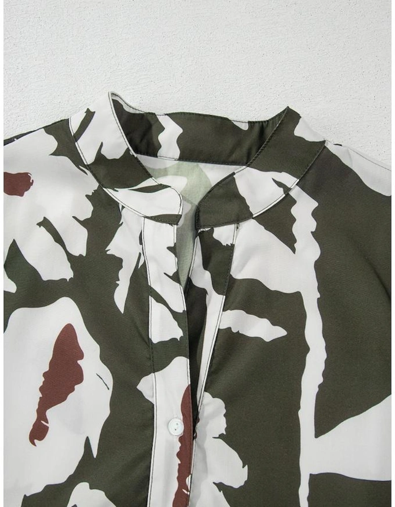 Four Leaf Clover Abstract Floral Print Puff Sleeve Half Button Blouse