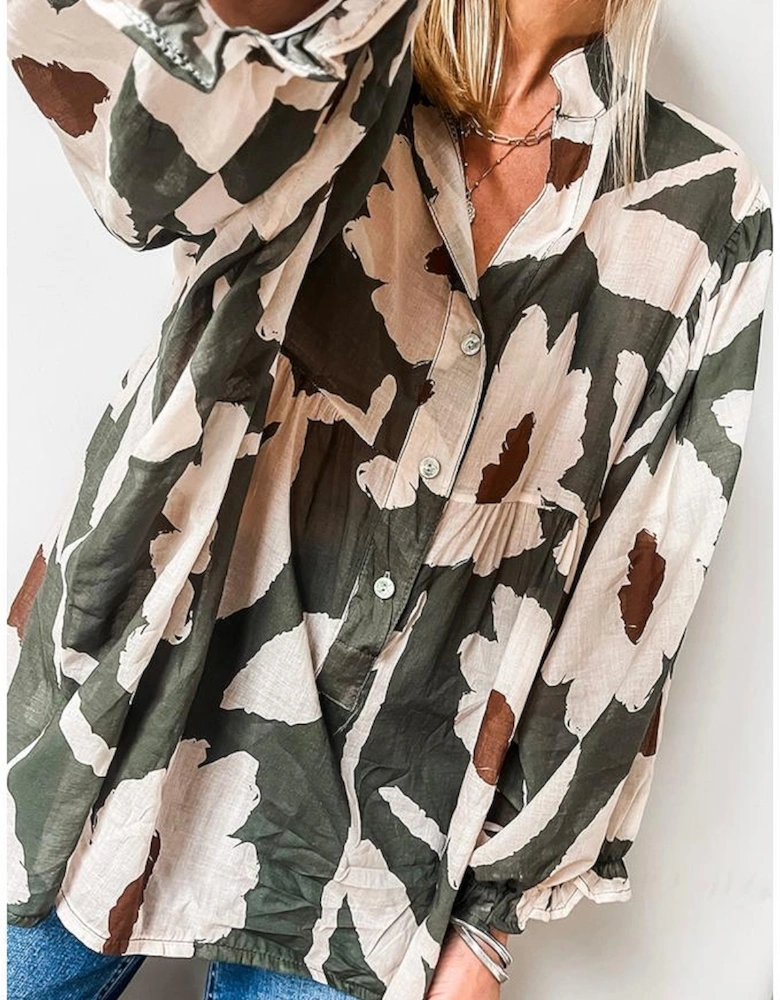 Four Leaf Clover Abstract Floral Print Puff Sleeve Half Button Blouse