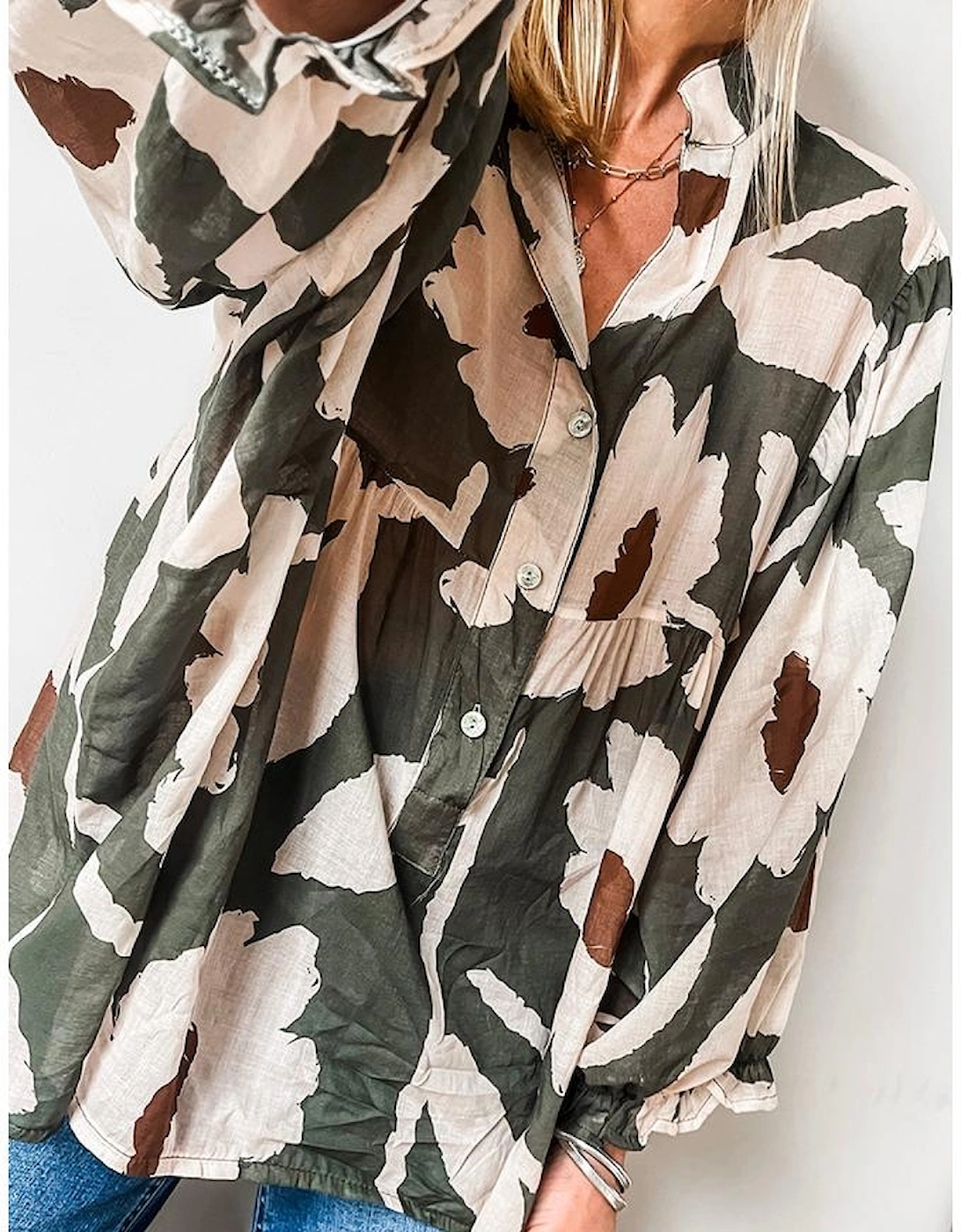 Four Leaf Clover Abstract Floral Print Puff Sleeve Half Button Blouse