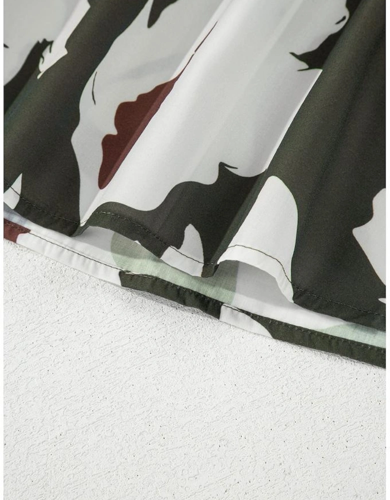 Four Leaf Clover Abstract Floral Print Puff Sleeve Half Button Blouse