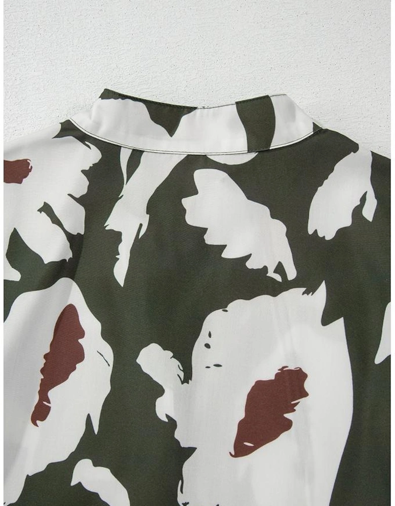 Four Leaf Clover Abstract Floral Print Puff Sleeve Half Button Blouse