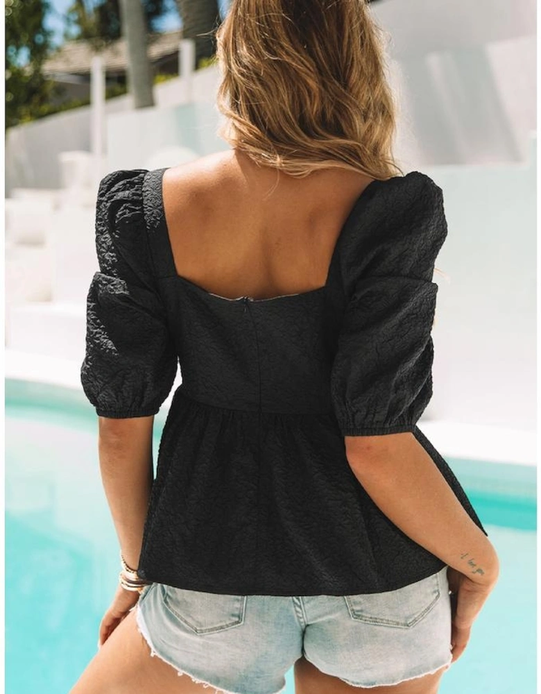 Black Textured Square Neck Puff Sleeve Peplum Blouse