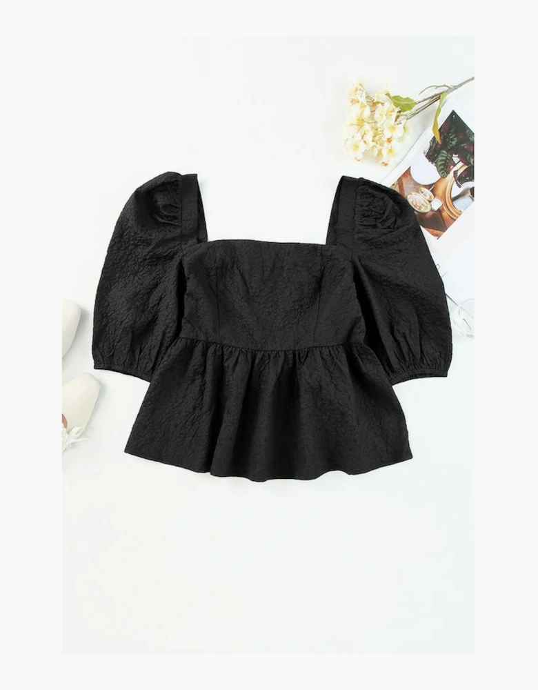 Black Textured Square Neck Puff Sleeve Peplum Blouse
