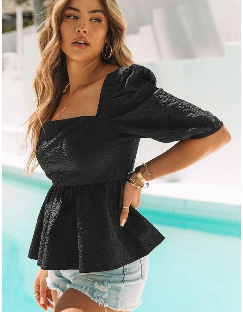Black Textured Square Neck Puff Sleeve Peplum Blouse