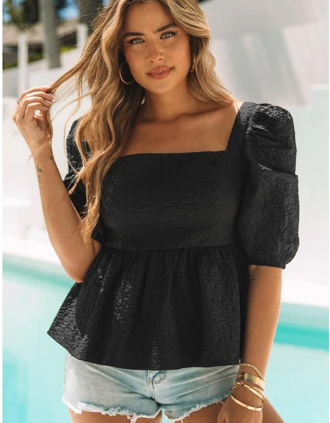 Black Textured Square Neck Puff Sleeve Peplum Blouse