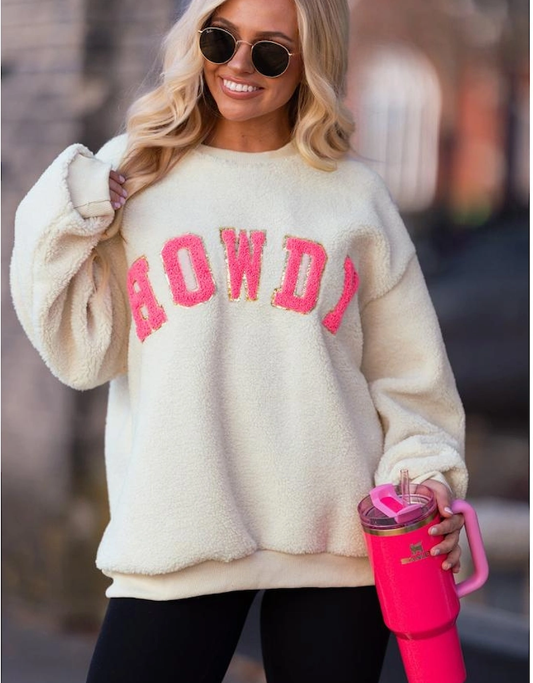 Beige Sherpa HOWDY Patched Pullover Sweatshirt