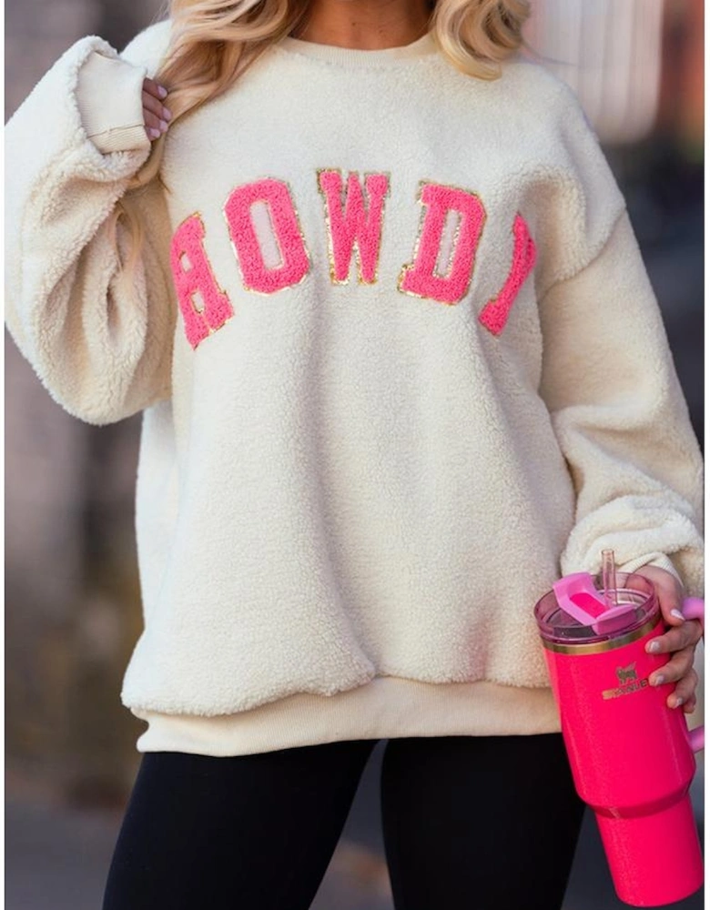 Beige Sherpa HOWDY Patched Pullover Sweatshirt