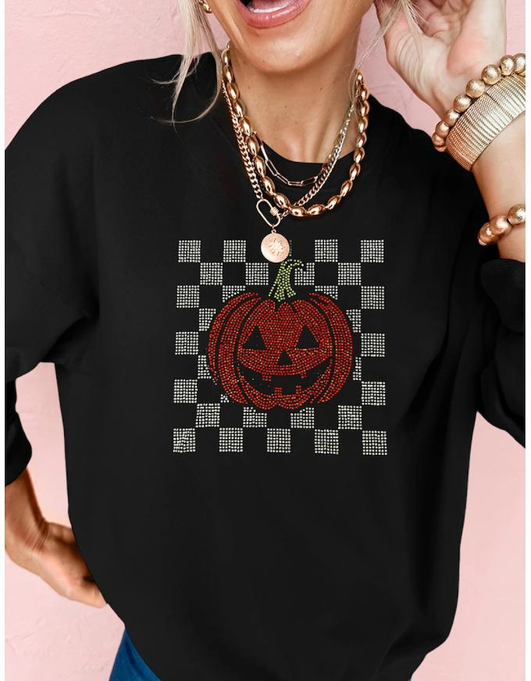 Black Rhinestone Jack-o-lantern Checkered Graphic Halloween Sweatshirt