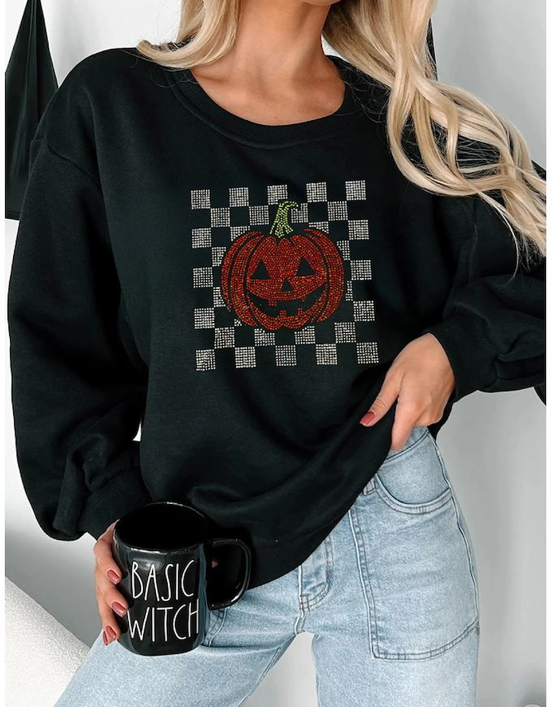 Black Rhinestone Jack-o-lantern Checkered Graphic Halloween Sweatshirt