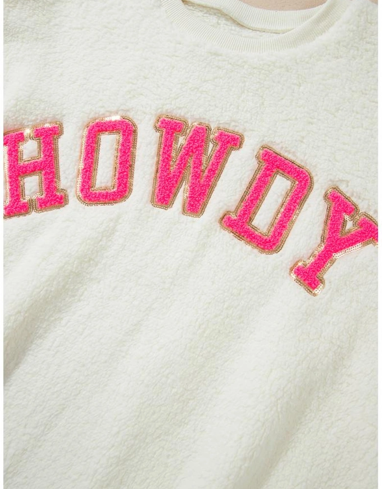 Beige Sherpa HOWDY Patched Pullover Sweatshirt