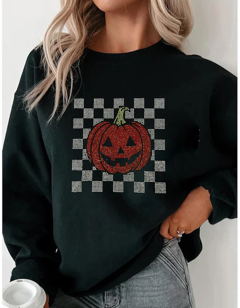 Black Rhinestone Jack-o-lantern Checkered Graphic Halloween Sweatshirt
