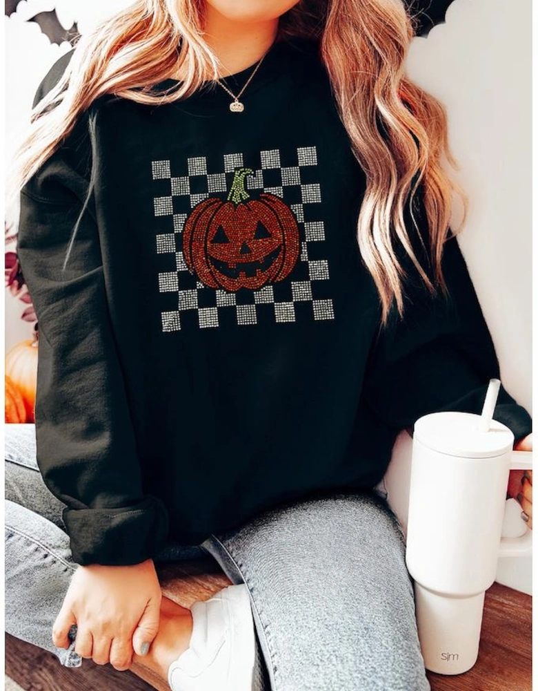 Black Rhinestone Jack-o-lantern Checkered Graphic Halloween Sweatshirt