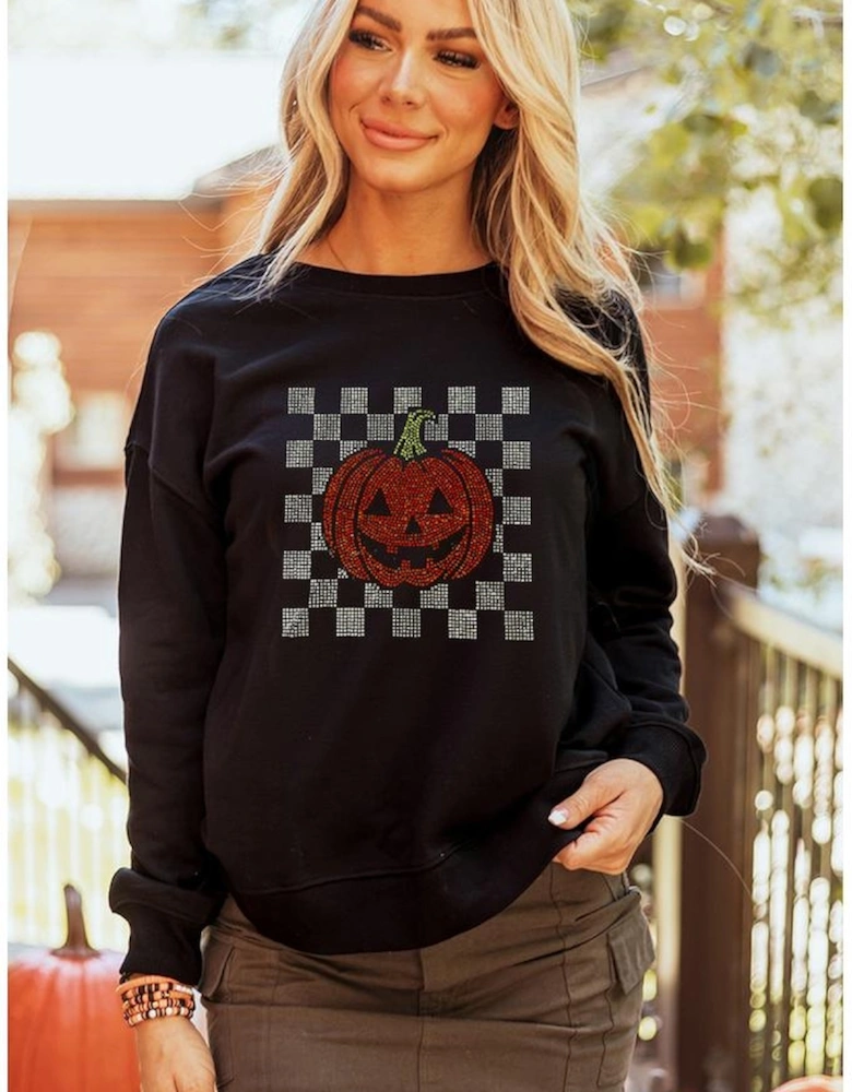 Black Rhinestone Jack-o-lantern Checkered Graphic Halloween Sweatshirt