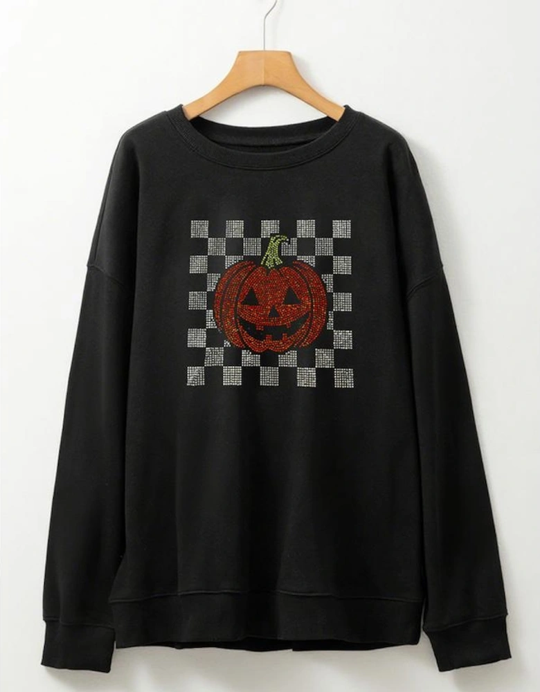 Black Rhinestone Jack-o-lantern Checkered Graphic Halloween Sweatshirt