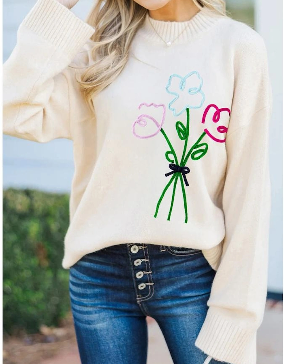 White Embroidered Flower Bouquet Ribbed Trim Loose Sweater
