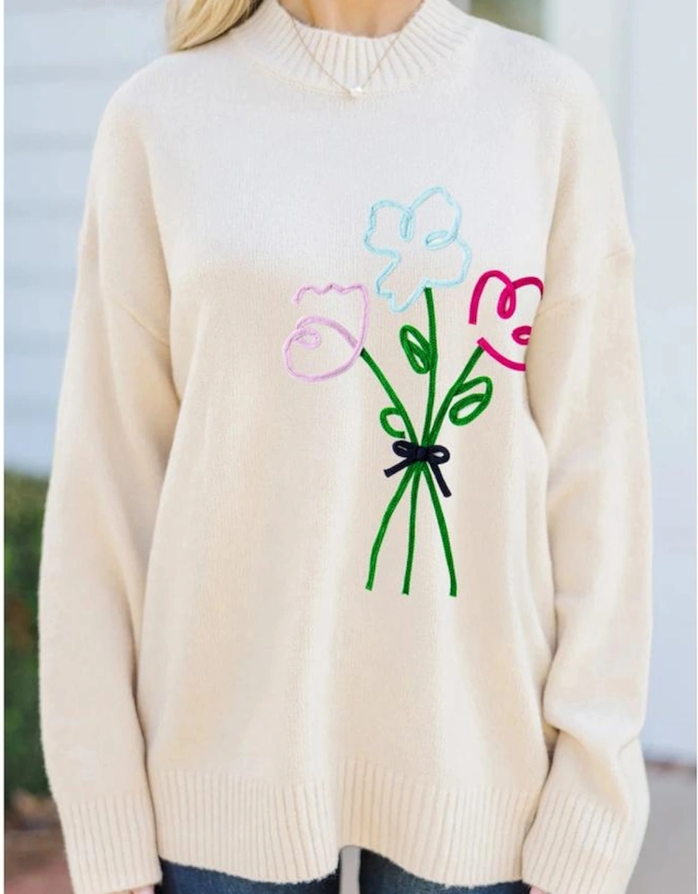 White Embroidered Flower Bouquet Ribbed Trim Loose Sweater