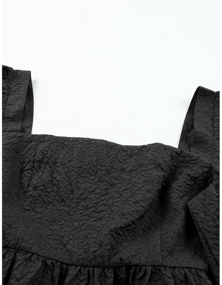 Black Textured Square Neck Puff Sleeve Peplum Blouse