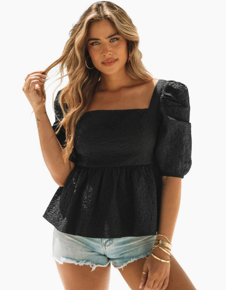 Black Textured Square Neck Puff Sleeve Peplum Blouse