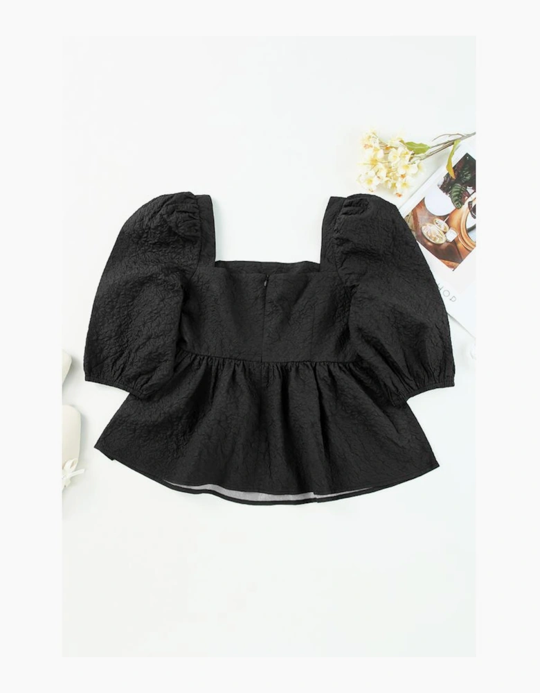 Black Textured Square Neck Puff Sleeve Peplum Blouse