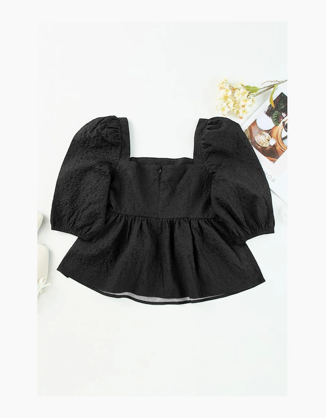 Black Textured Square Neck Puff Sleeve Peplum Blouse