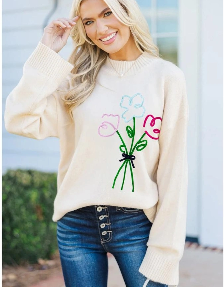 White Embroidered Flower Bouquet Ribbed Trim Loose Sweater
