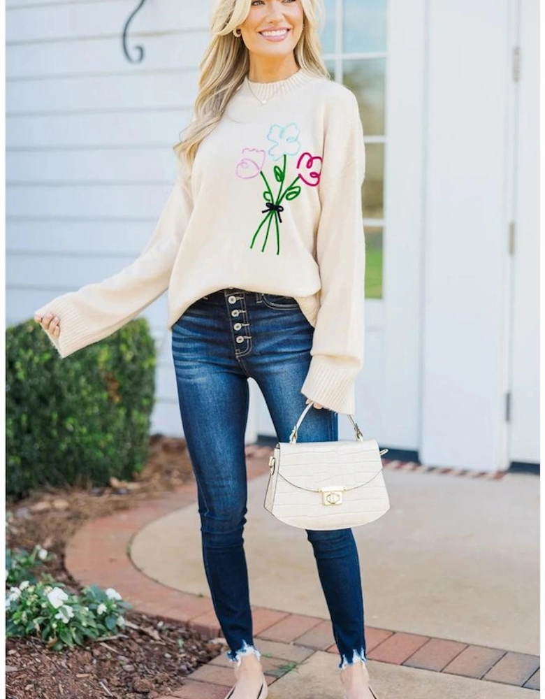 White Embroidered Flower Bouquet Ribbed Trim Loose Sweater