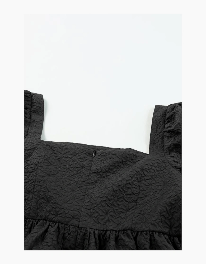 Black Textured Square Neck Puff Sleeve Peplum Blouse