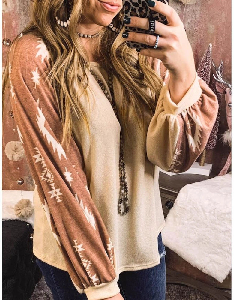 Apricot Western Print Patch Long Sleeve Top