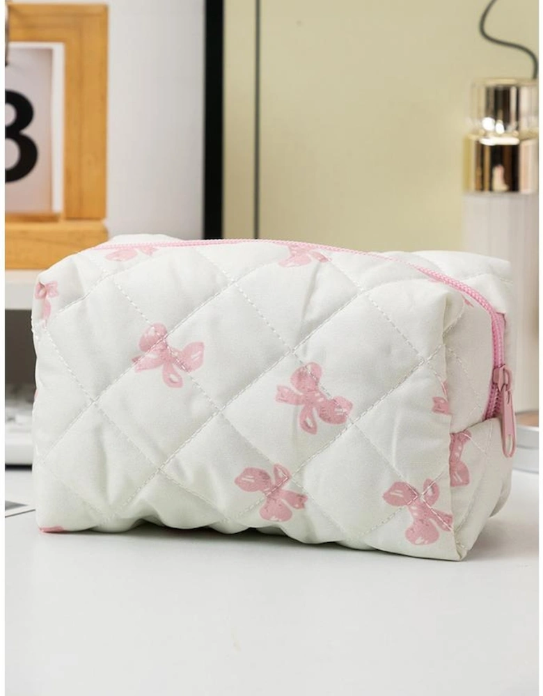 White Sweet Bow Knot Print Quilted Zipper Cosmetic Bag