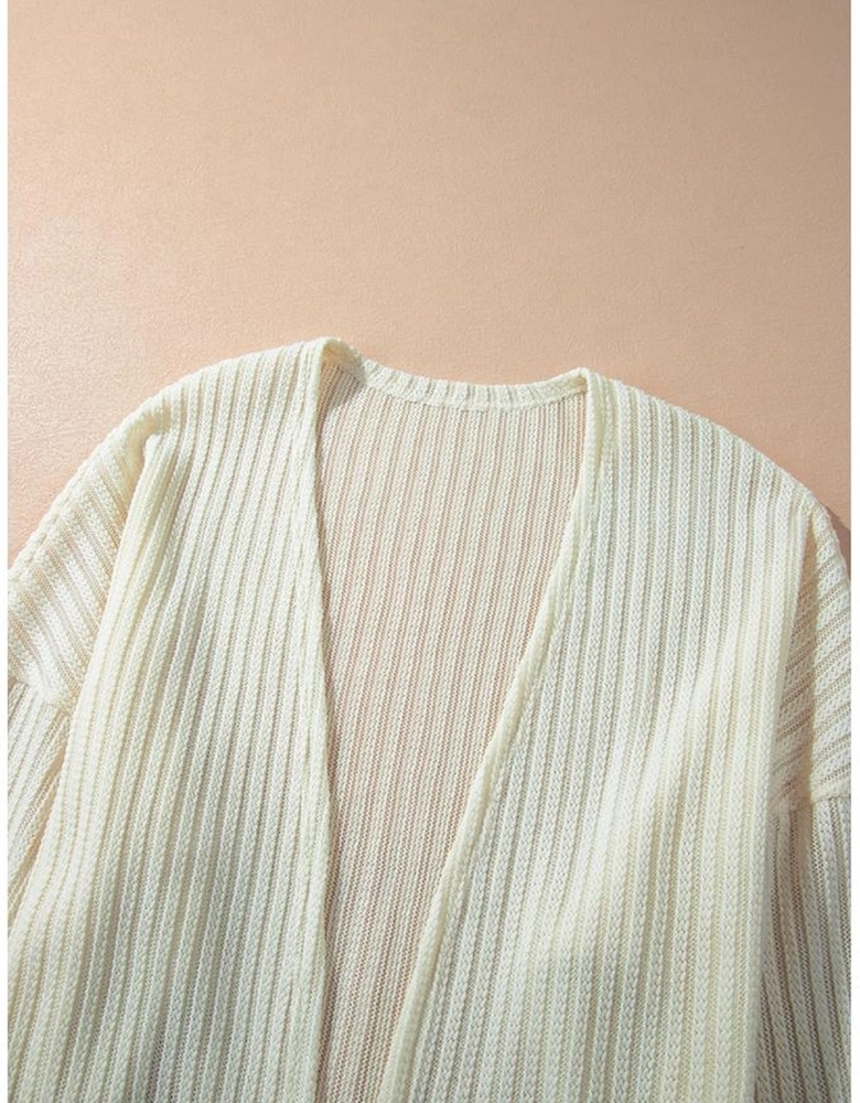 Beige Textured Lantern Sleeve Open Kimono