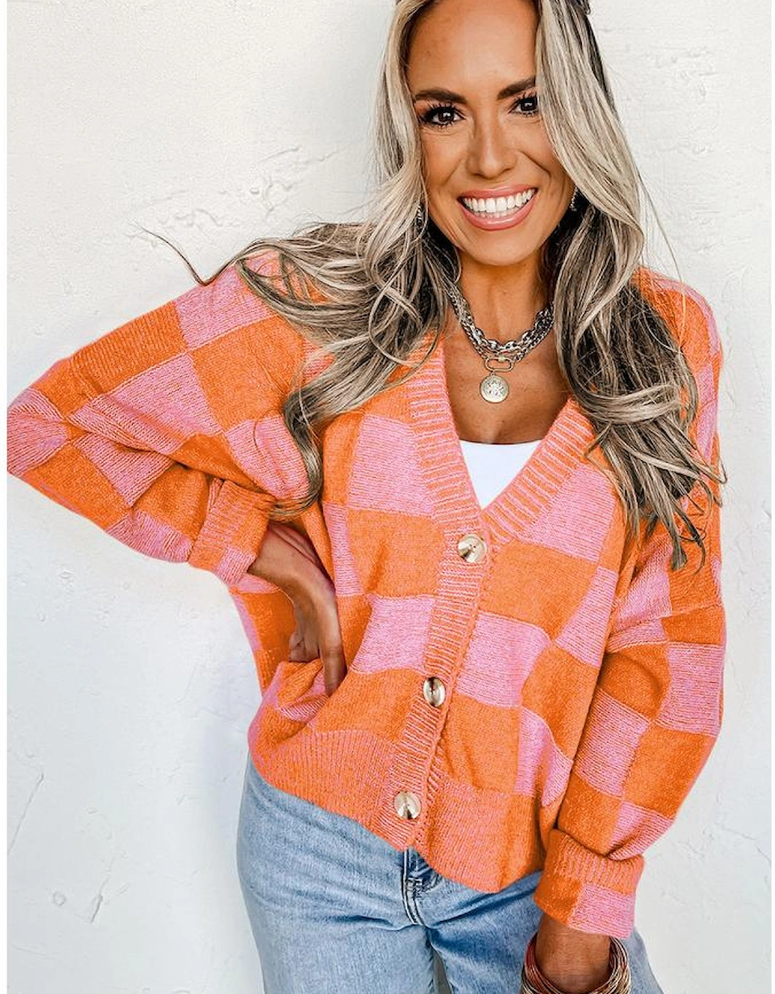 Orange Checkered Drop Shoulder Buttoned V Neck Cardigan
