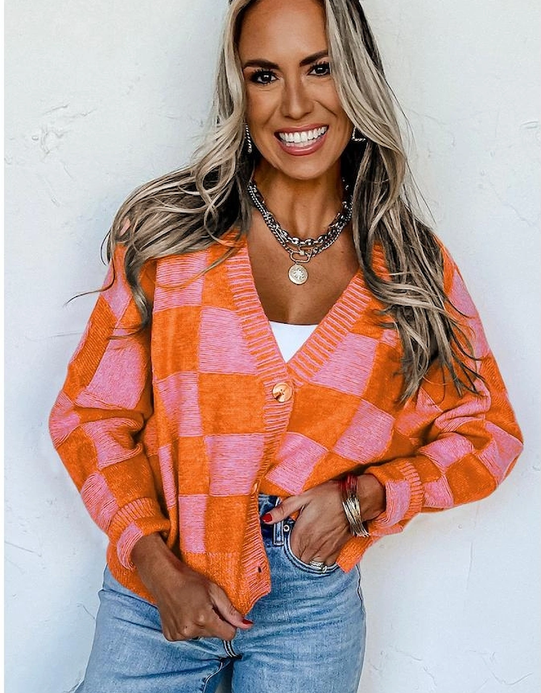 Orange Checkered Drop Shoulder Buttoned V Neck Cardigan