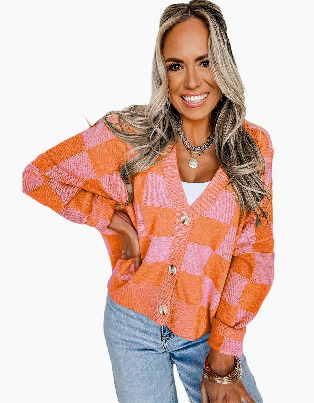 Orange Checkered Drop Shoulder Buttoned V Neck Cardigan